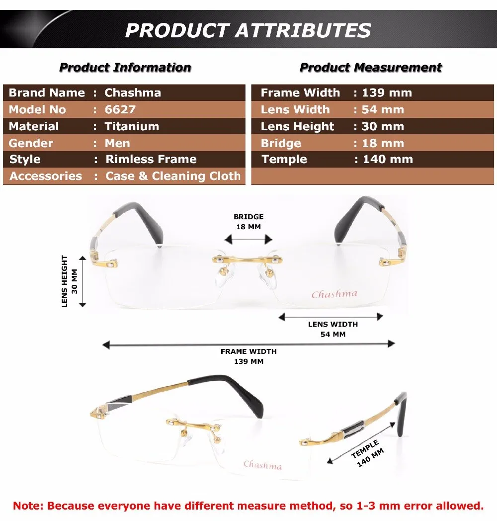 Chashma Ottica Men's Rimless Square Titanium Eyeglasses 6627