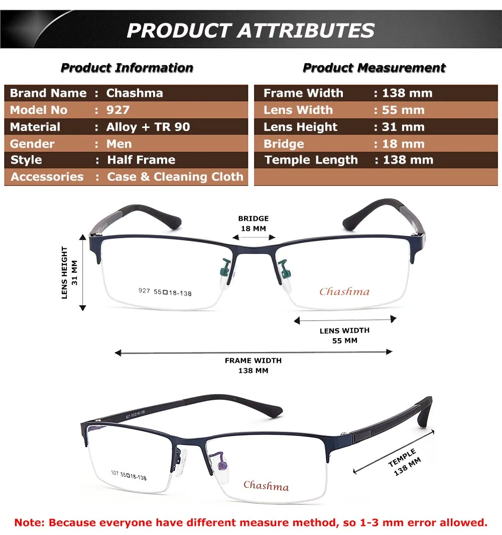 Chashma Ottica Men's Semi Rim Square Tr 90 Alloy Eyeglasses 927