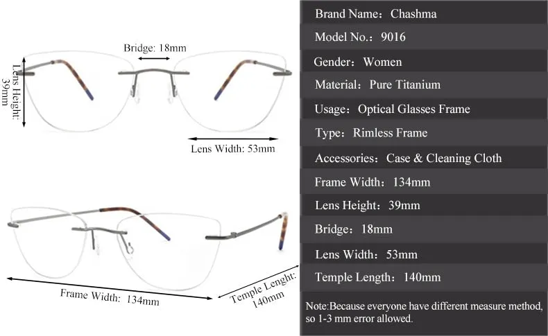 Chashma Ottica Unisex Rimless Rounded Square Cat Eye Titanium Eyeglasses 9016