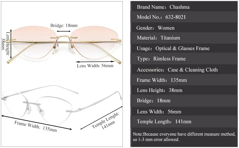 Chashma Ottica Unisex Rimless Triangle Cat Eye Titanium Eyeglasses 632