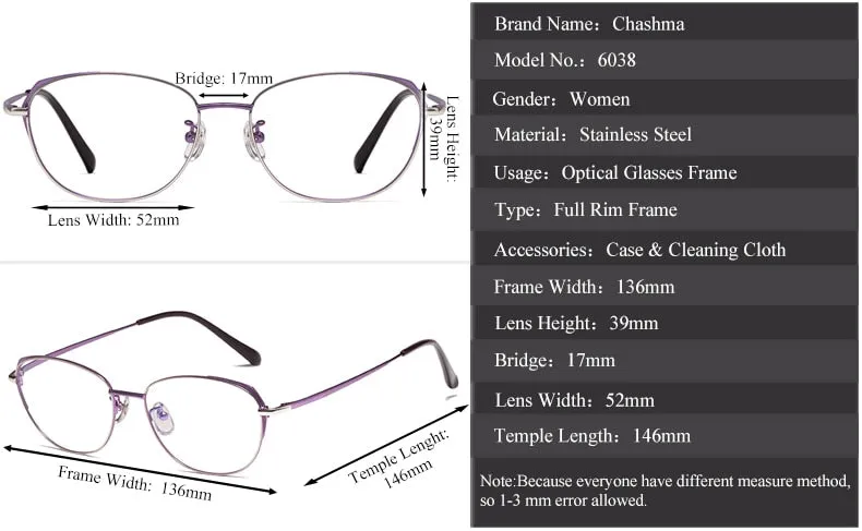 Chashma Ottica Women's Full Rim Round Square Stainless Steel Eyeglasses 835
