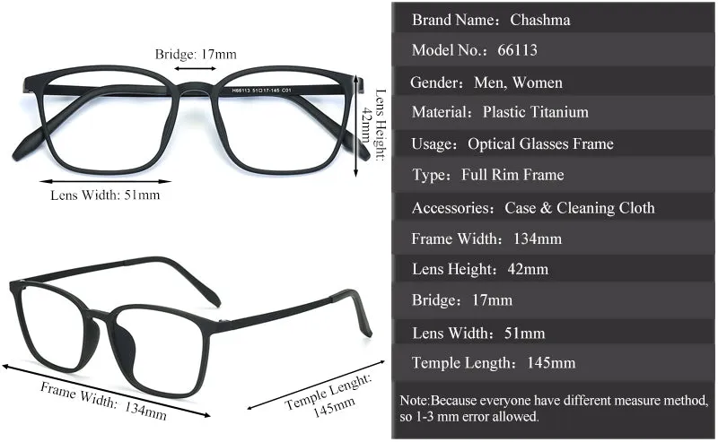 Chashma Unisex Full Rim Ultem Titanium Square Frame Eyeglasses 66113