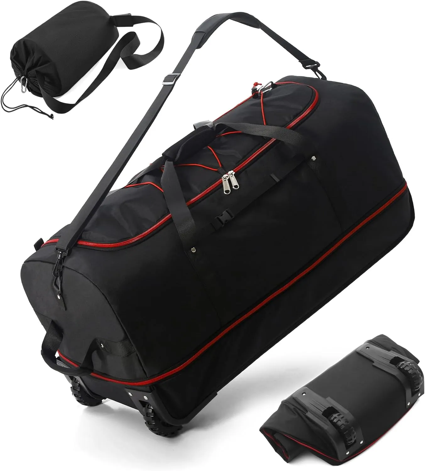 CONTAIL 32” Soft-side 110L Expandable 140L Rolling Duffle Bag with 2 Inline Wheels,Convertible Weekend Travel Bag with Bungee-Cord System,Black-red