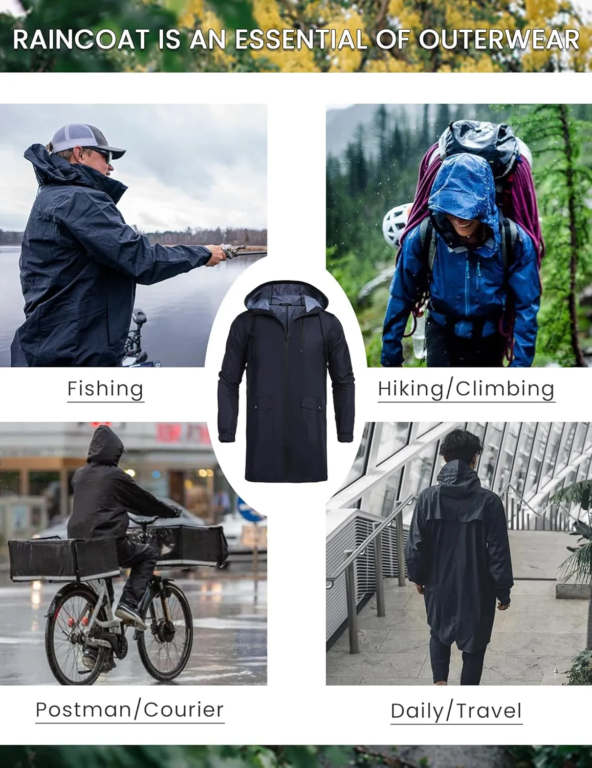 COOFANDY Men's Long Raincoat Ligtweight Rain Jacket Waterproof Outdoor Jackets with Hood