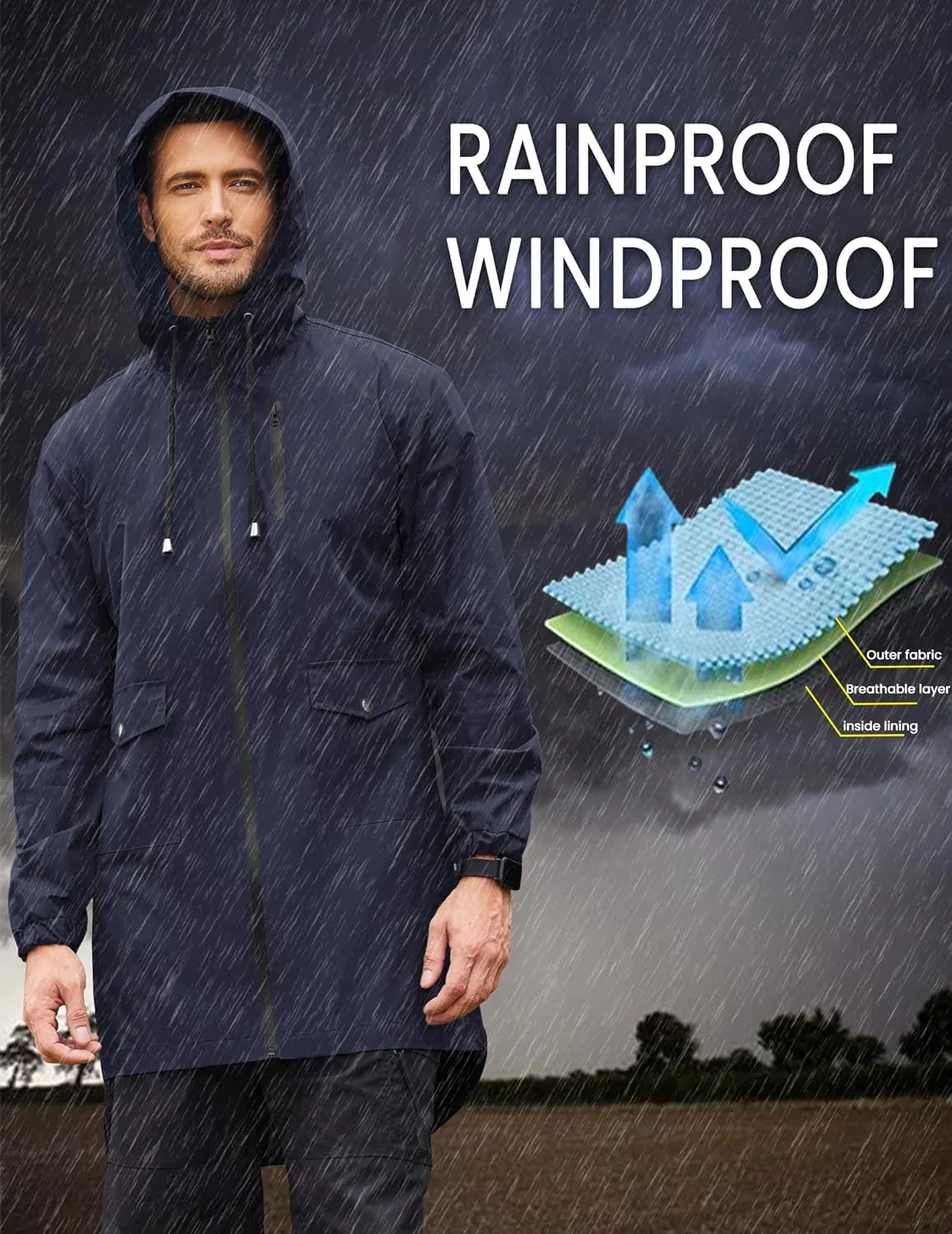 COOFANDY Men's Long Raincoat Ligtweight Rain Jacket Waterproof Outdoor Jackets with Hood