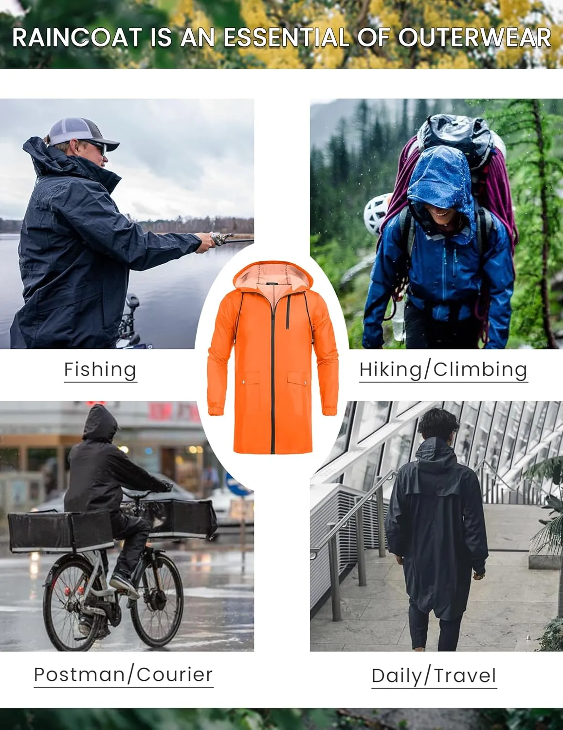 COOFANDY Men's Long Raincoat Ligtweight Rain Jacket Waterproof Outdoor Jackets with Hood