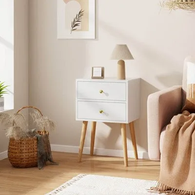 Costway 2PCS Mid Century Modern 2 Drawers Nightstand Sofa Side End Table White