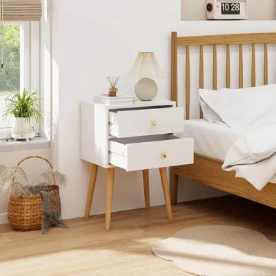 Costway 2PCS Mid Century Modern 2 Drawers Nightstand Sofa Side End Table White