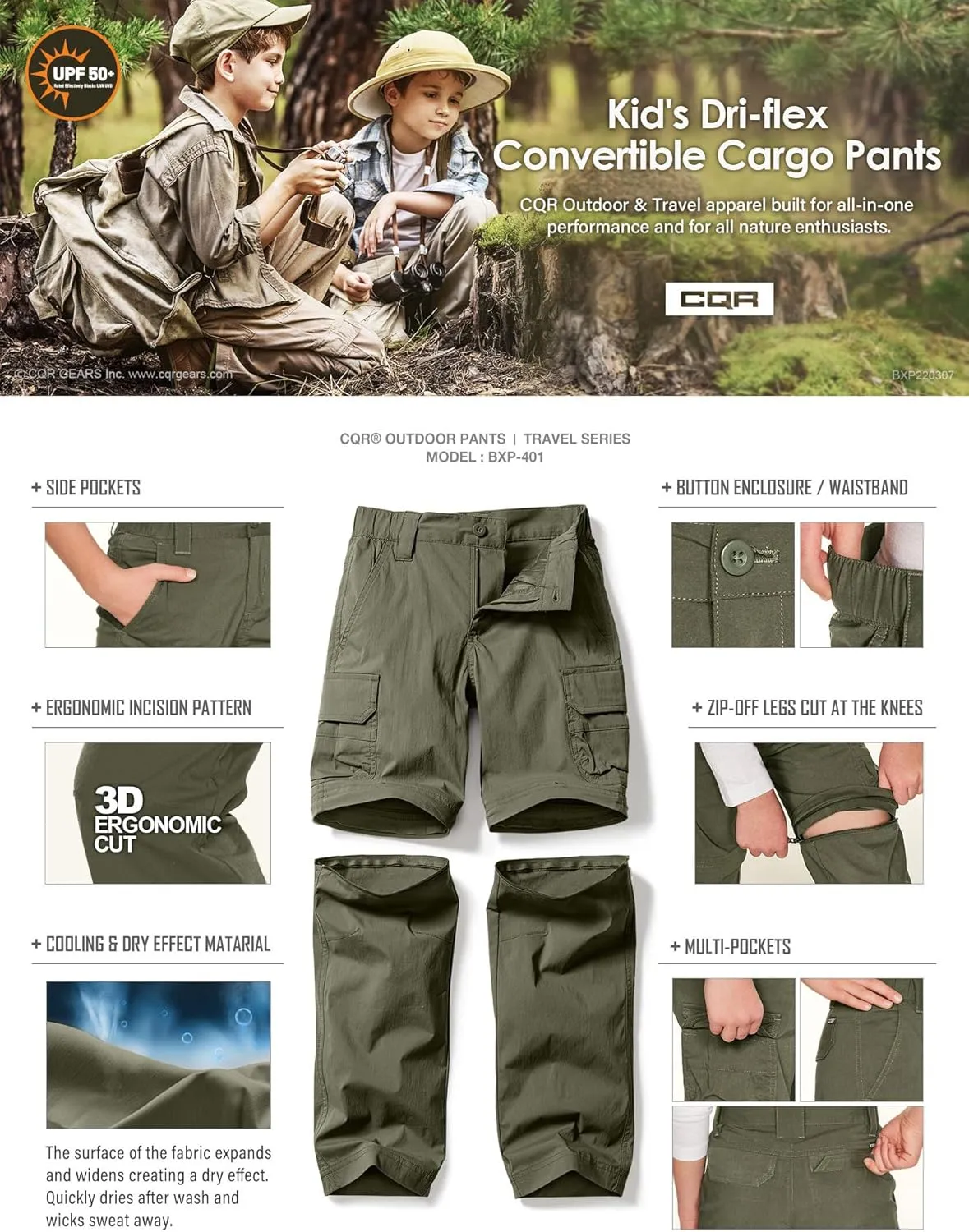 CQR Kids Youth Hiking Cargo Pants, UPF 50  Quick Dry Convertible Zip Off Pants, Outdoor Camping Pants