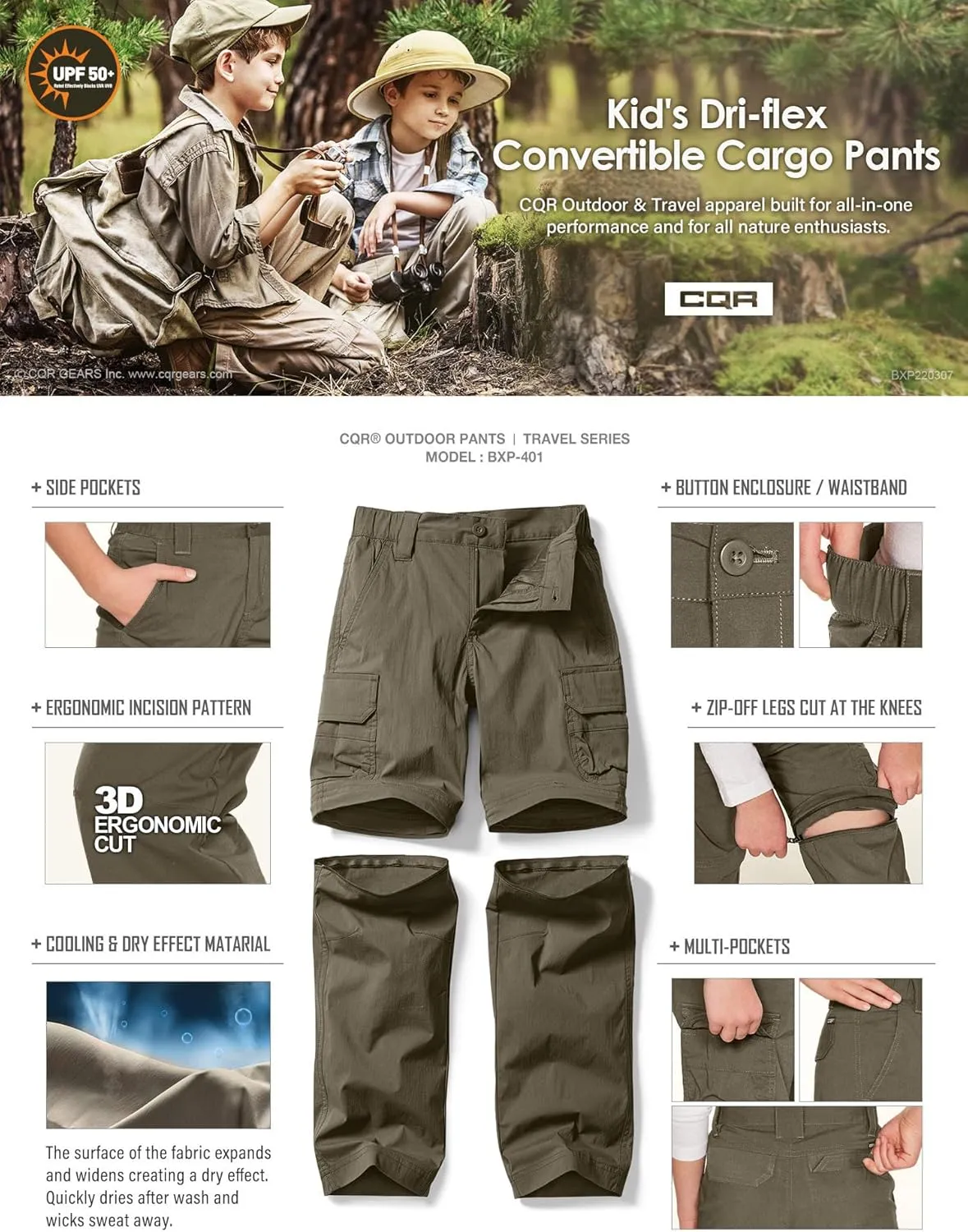 CQR Kids Youth Hiking Cargo Pants, UPF 50  Quick Dry Convertible Zip Off Pants, Outdoor Camping Pants