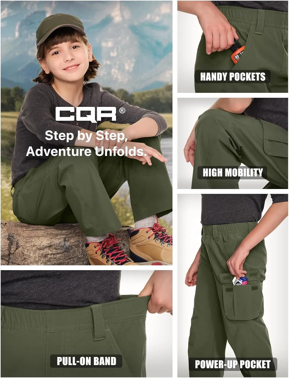 CQR Kids Youth Hiking Cargo Pants, UPF50  Quick Dry Outdoor Camping Pants