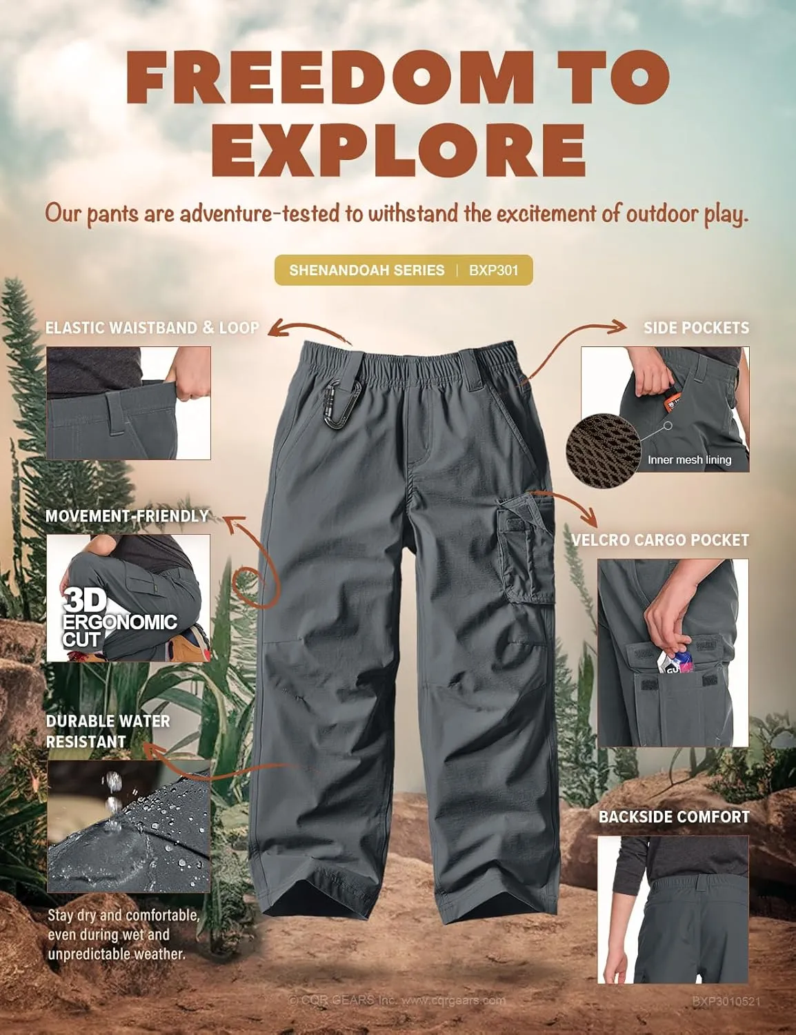 CQR Kids Youth Hiking Cargo Pants, UPF50  Quick Dry Outdoor Camping Pants