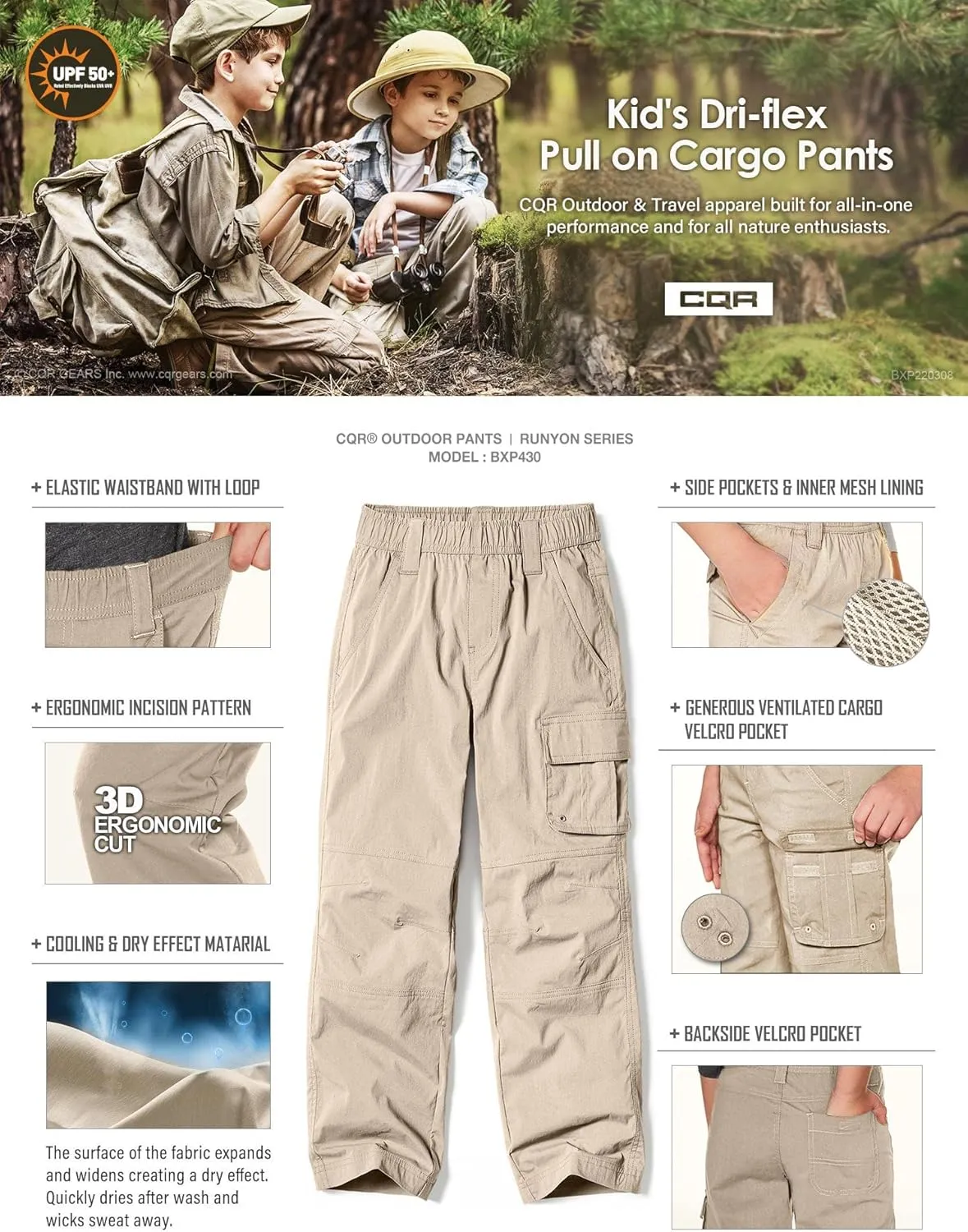 CQR Kids Youth Hiking Cargo Pants, UPF50  Quick Dry Outdoor Camping Pants