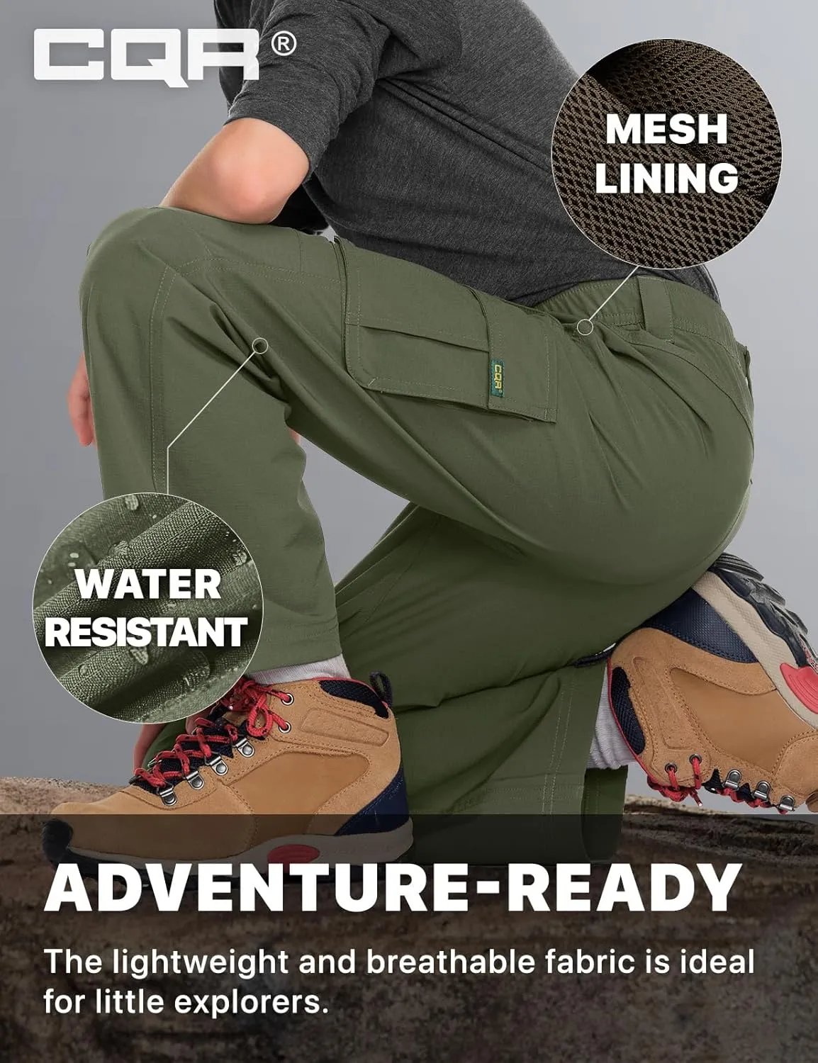 CQR Kids Youth Hiking Cargo Pants, UPF50  Quick Dry Outdoor Camping Pants