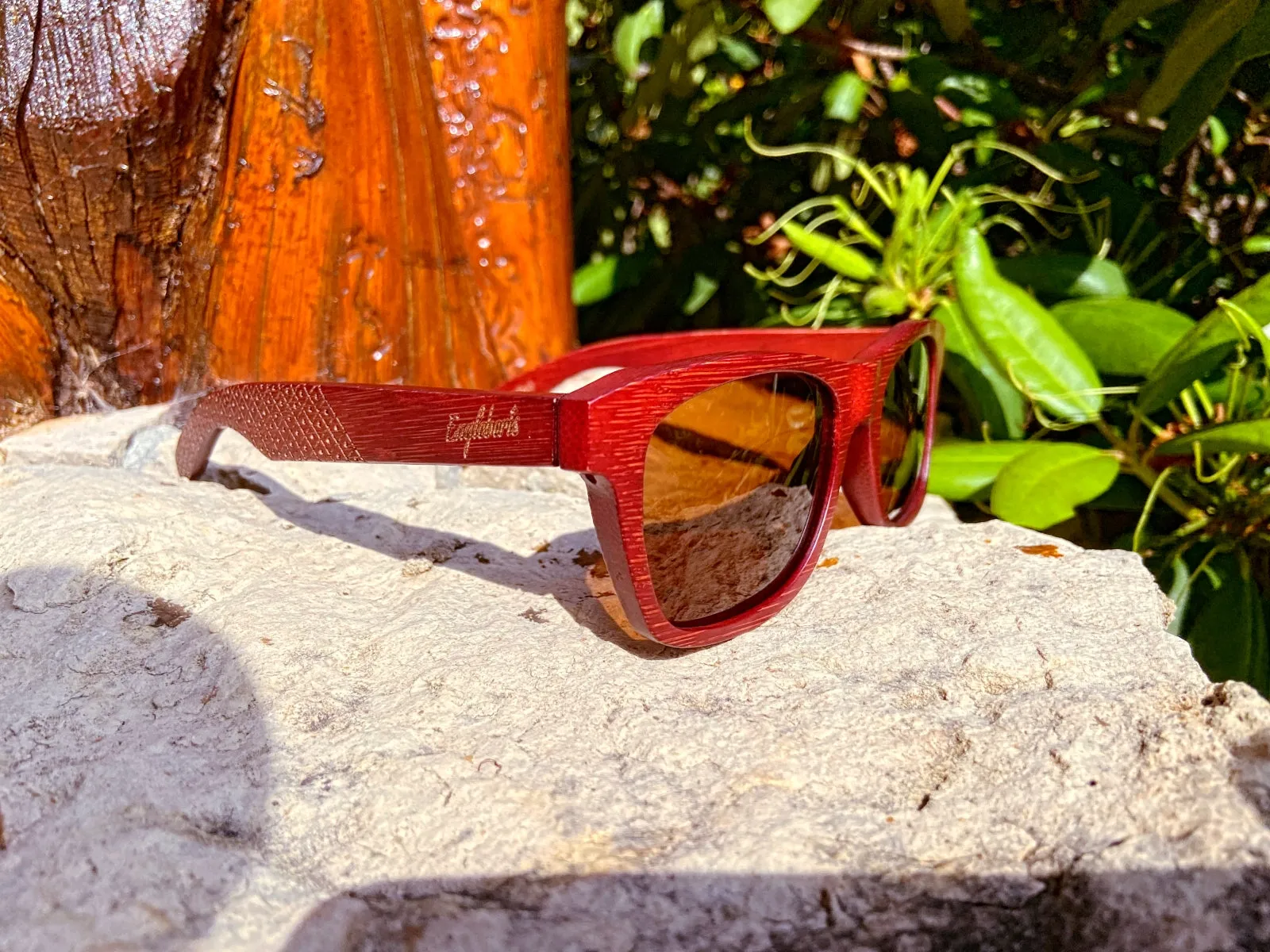 Crimson Wooden Sunglasses With Bamboo Case, Tea Polarized Lenses, Handcrafted