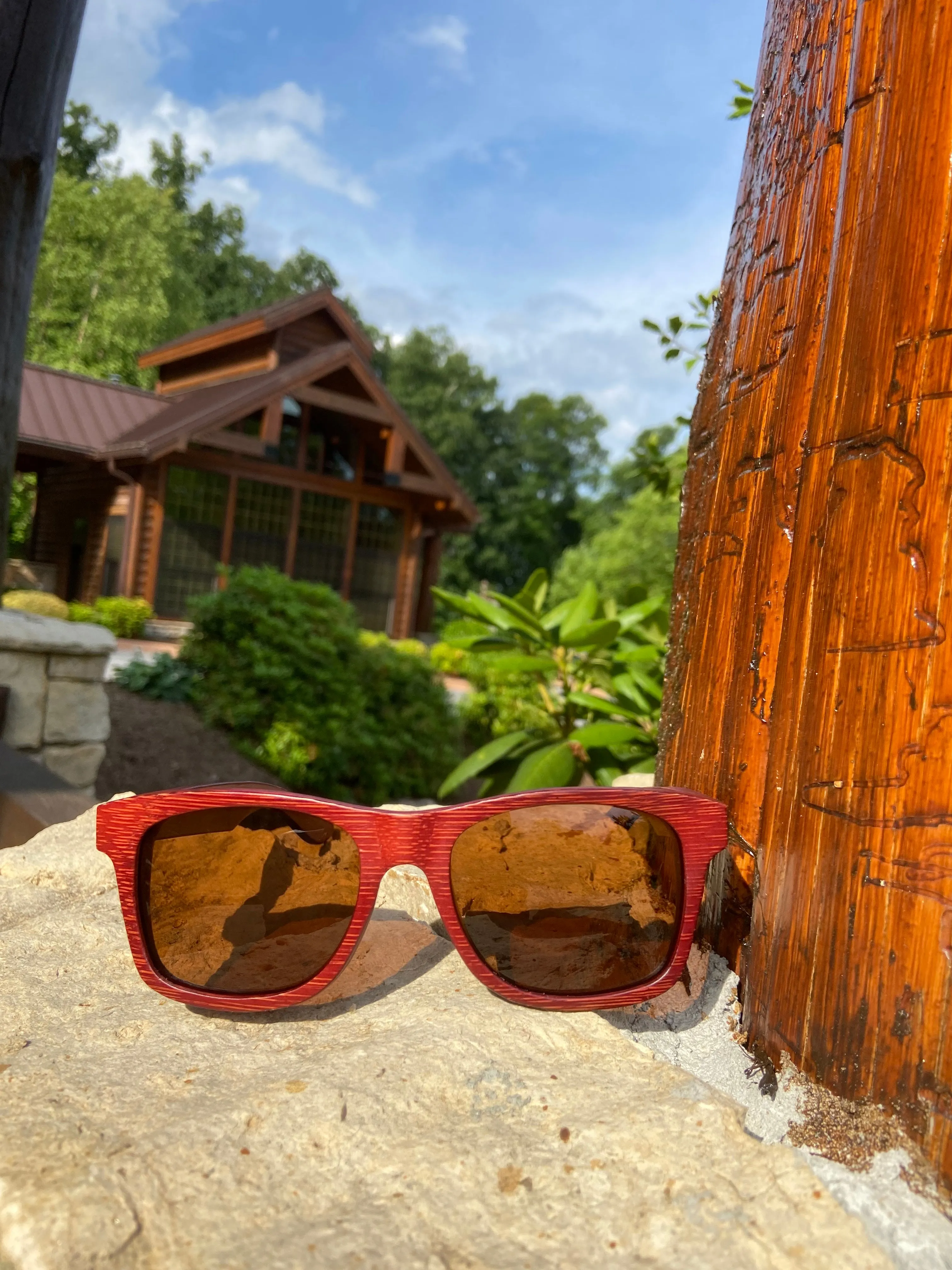 Crimson Wooden Sunglasses With Bamboo Case, Tea Polarized Lenses, Handcrafted
