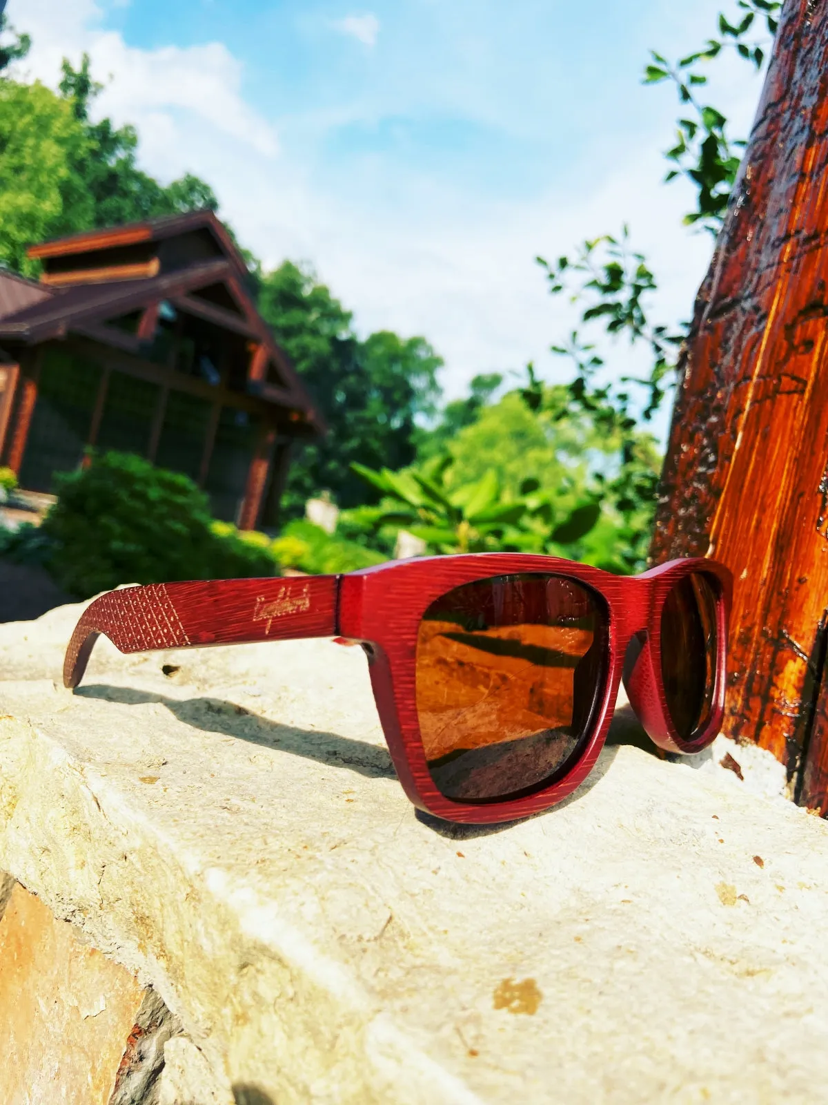Crimson Wooden Sunglasses With Bamboo Case, Tea Polarized Lenses, Handcrafted