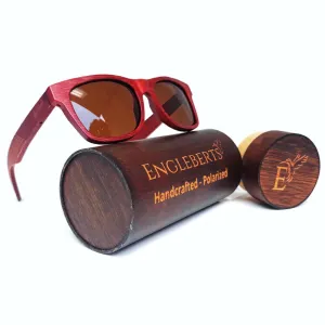 Crimson Wooden Sunglasses With Bamboo Case, Tea Polarized Lenses, Handcrafted
