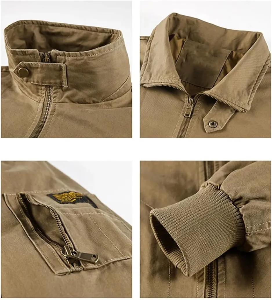 Disimlarl Men Washed Stand Collar Cargo Windbreaker Jackets Casual Zipper Outdoor Jackets Lapel Large Size Outwear