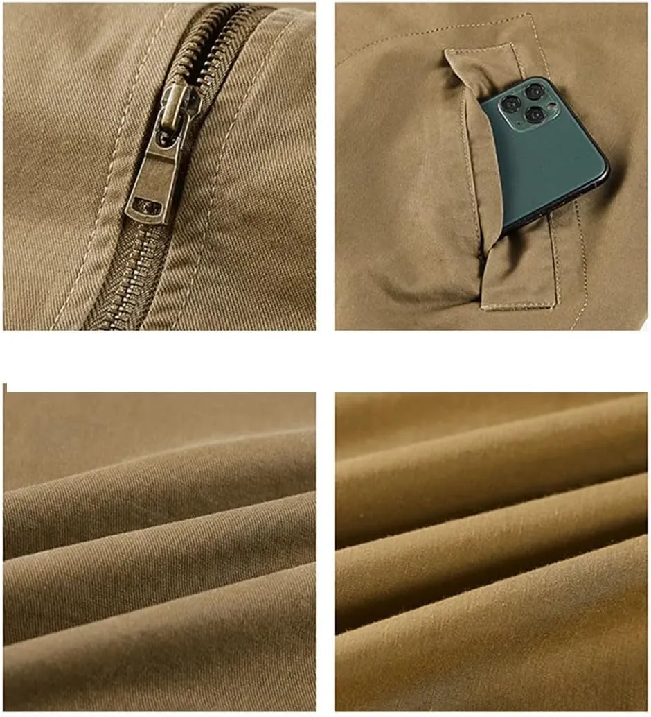 Disimlarl Men Washed Stand Collar Cargo Windbreaker Jackets Casual Zipper Outdoor Jackets Lapel Large Size Outwear