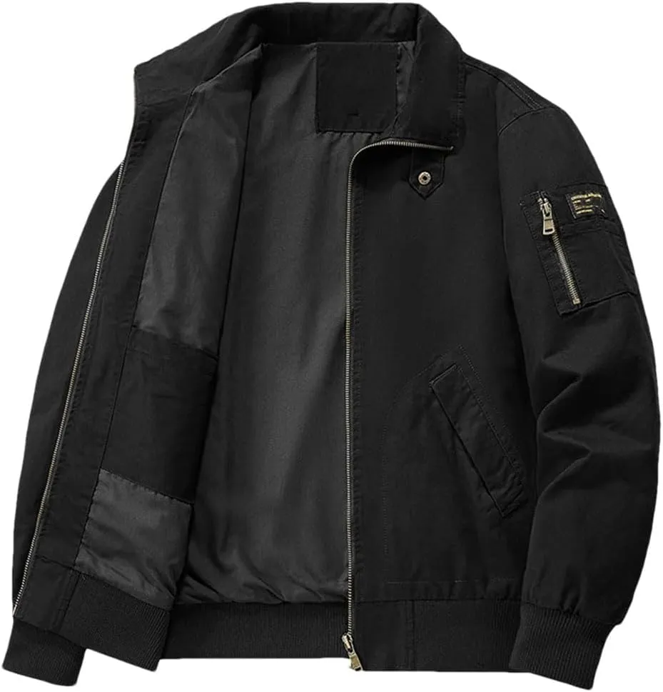 Disimlarl Men Washed Stand Collar Cargo Windbreaker Jackets Casual Zipper Outdoor Jackets Lapel Large Size Outwear