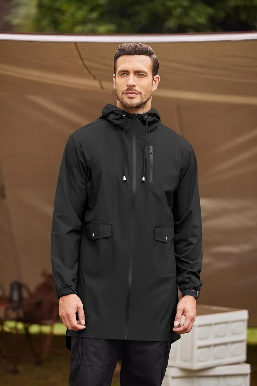 ELESOL Men's Long Raincoat Rain Ligtweight Jacket Waterproof Outdoor Jackets with Hood