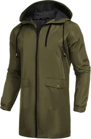 ELESOL Men's Long Raincoat Rain Ligtweight Jacket Waterproof Outdoor Jackets with Hood