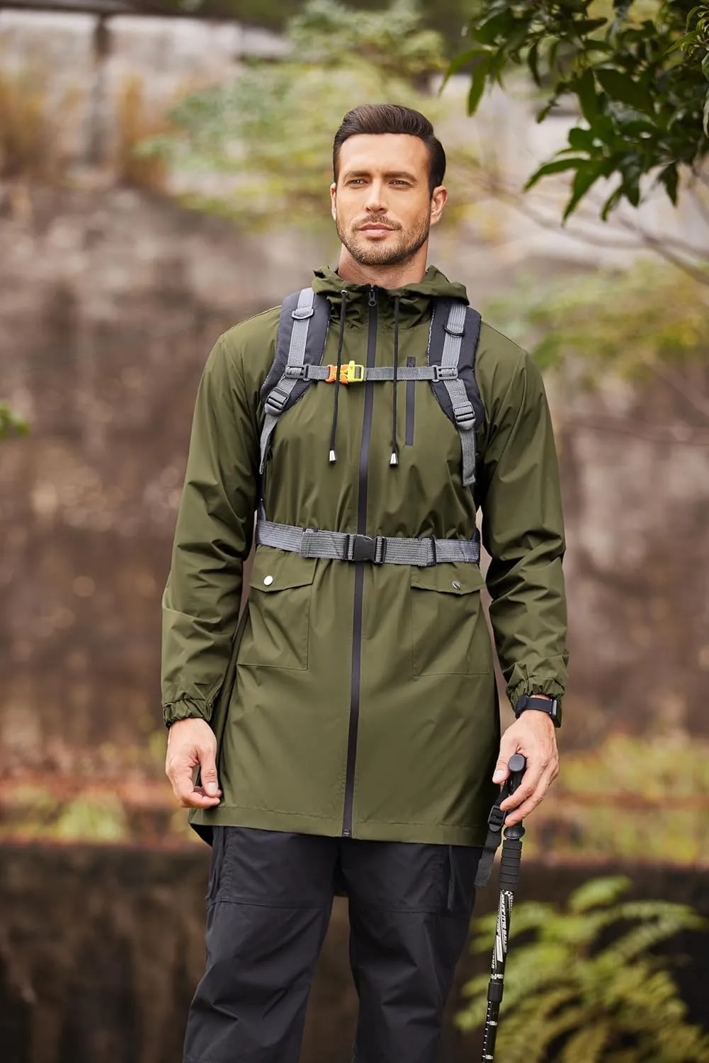 ELESOL Men's Long Raincoat Rain Ligtweight Jacket Waterproof Outdoor Jackets with Hood