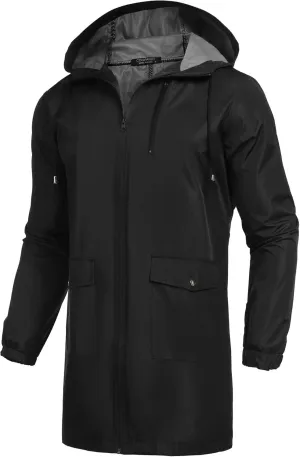 ELESOL Men's Long Raincoat Rain Ligtweight Jacket Waterproof Outdoor Jackets with Hood