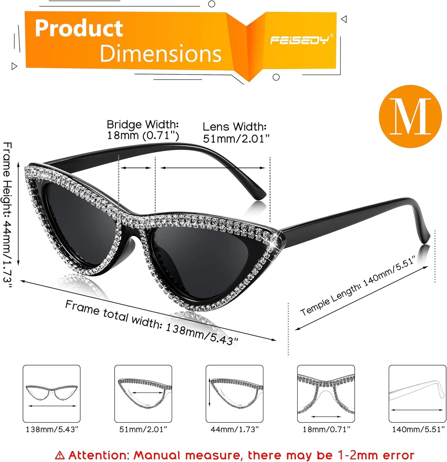 FEISEDY Women Cat Eye Sunglasses Small Frame Diamond Fashion Rhinestone Sunglasses Jeweled Frame Costume Party B0084