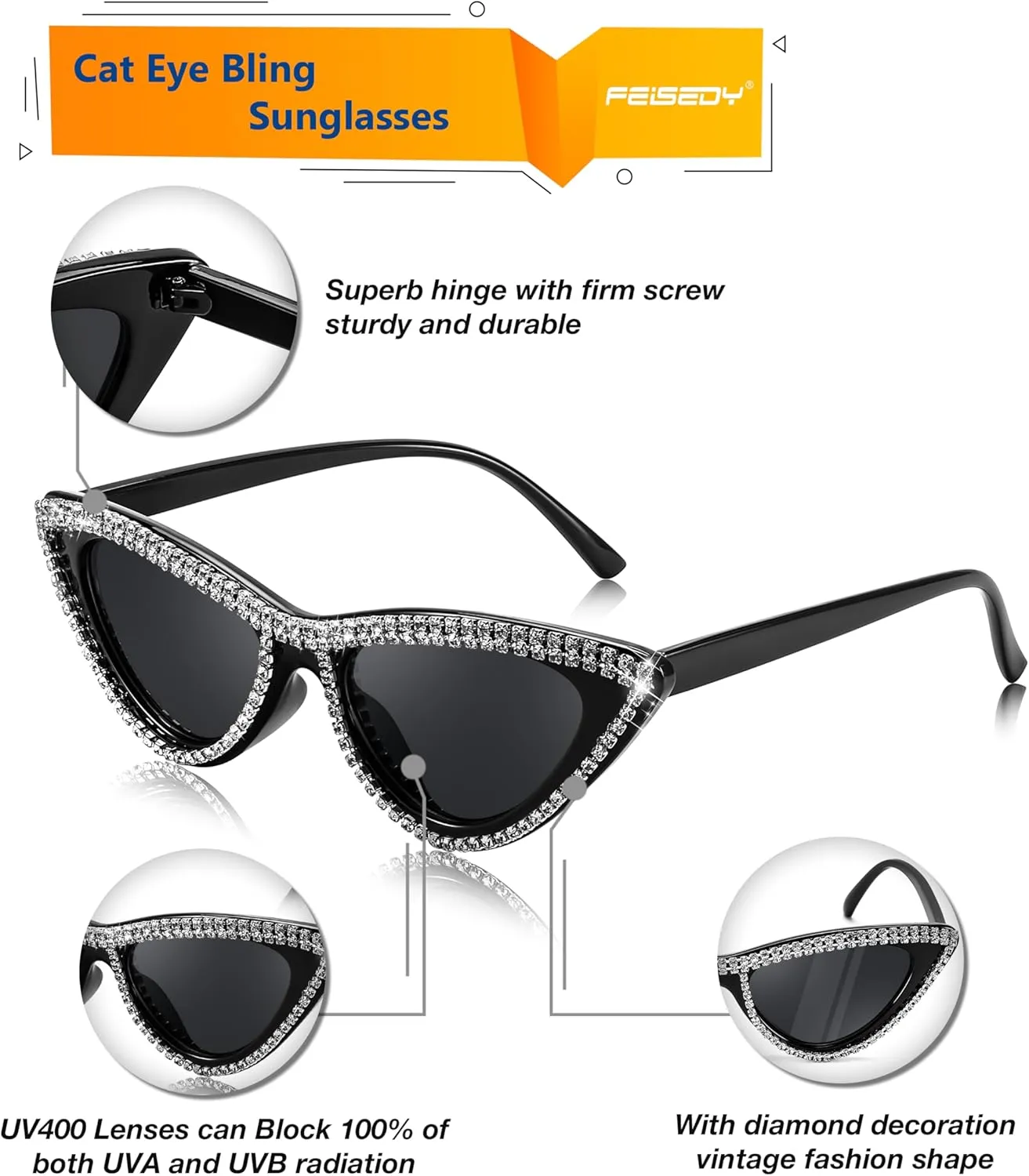 FEISEDY Women Cat Eye Sunglasses Small Frame Diamond Fashion Rhinestone Sunglasses Jeweled Frame Costume Party B0084