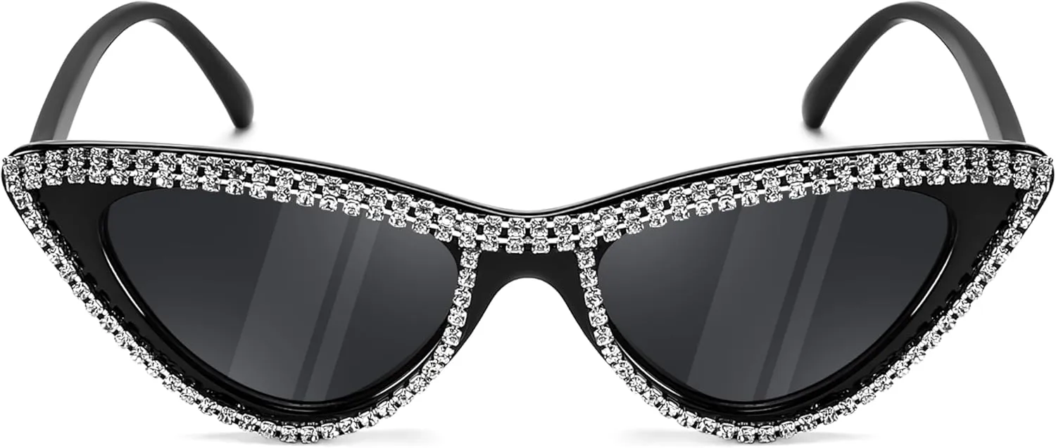 FEISEDY Women Cat Eye Sunglasses Small Frame Diamond Fashion Rhinestone Sunglasses Jeweled Frame Costume Party B0084