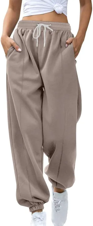 Fleece Lined Sweatpants Women Y2k Baggy Drawstring High Waisted Joggers with Pockets Athletic Workout Track Pants