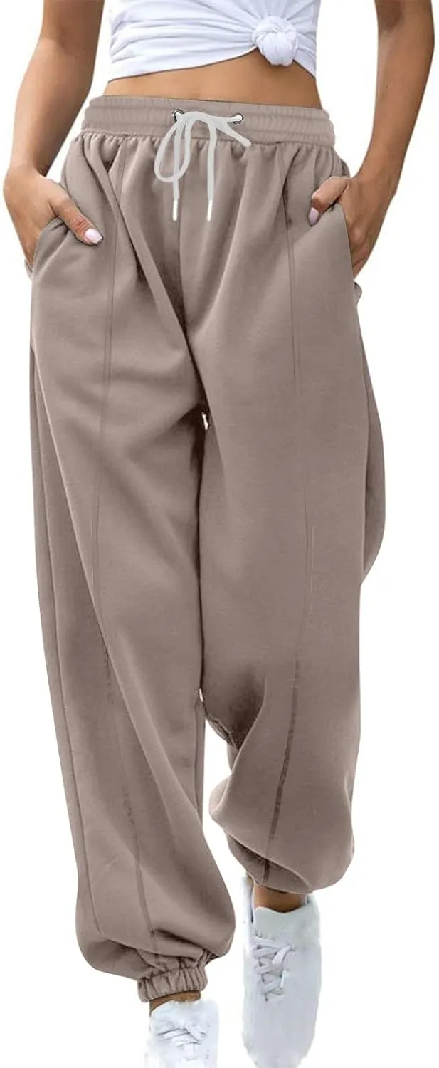 Fleece Lined Sweatpants Women Y2k Baggy Drawstring High Waisted Joggers with Pockets Athletic Workout Track Pants