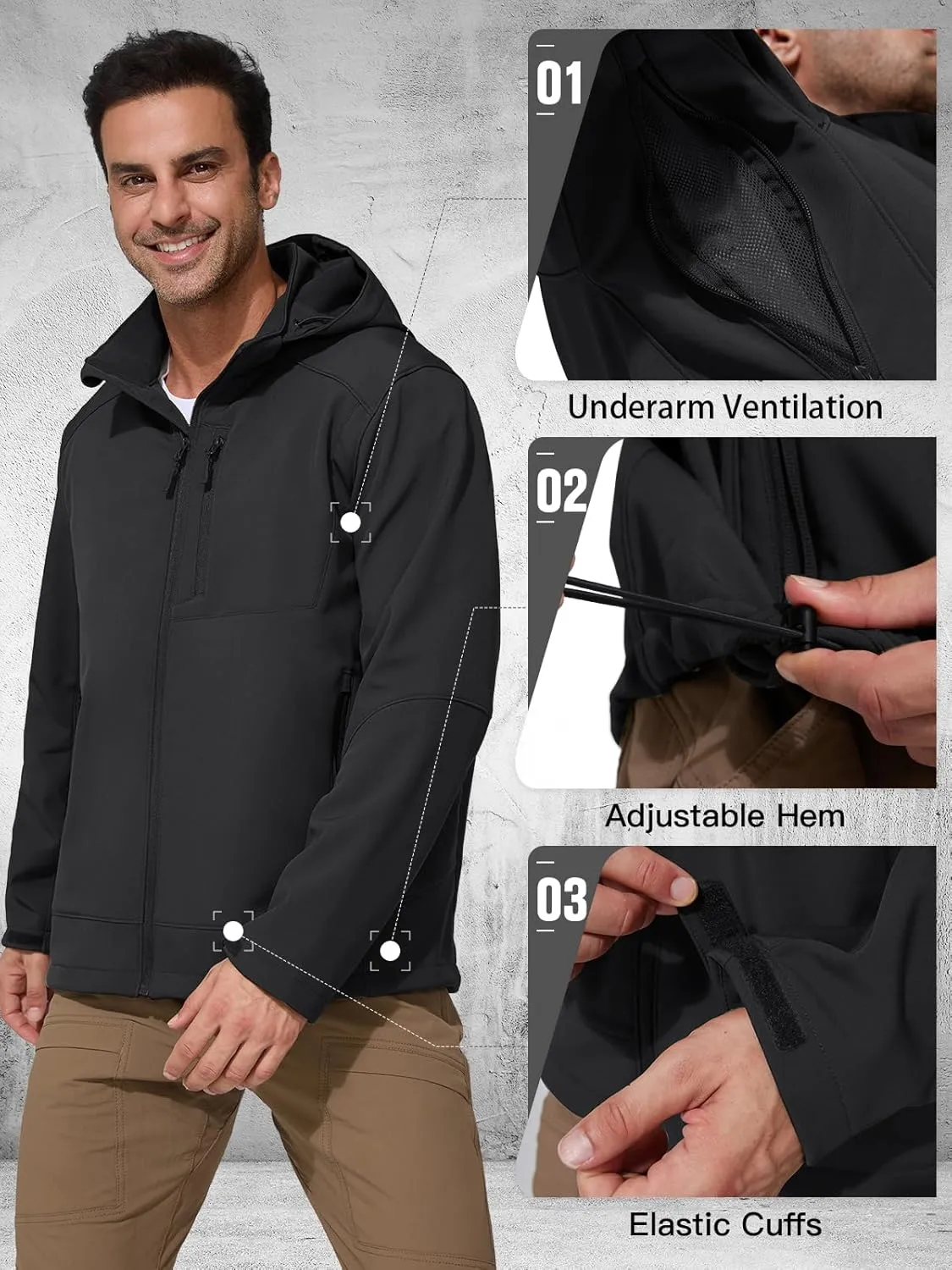 FREE SOLDIER Men's Lightweight Softshell Jacket Winter Fleece Lined Hooded Rain Waterproof Hiking Outdoor Jackets