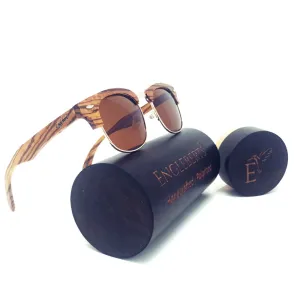 Full Wood, Half Rim Wooden Sunglasses With Bamboo Case, Tea Colored Lenses