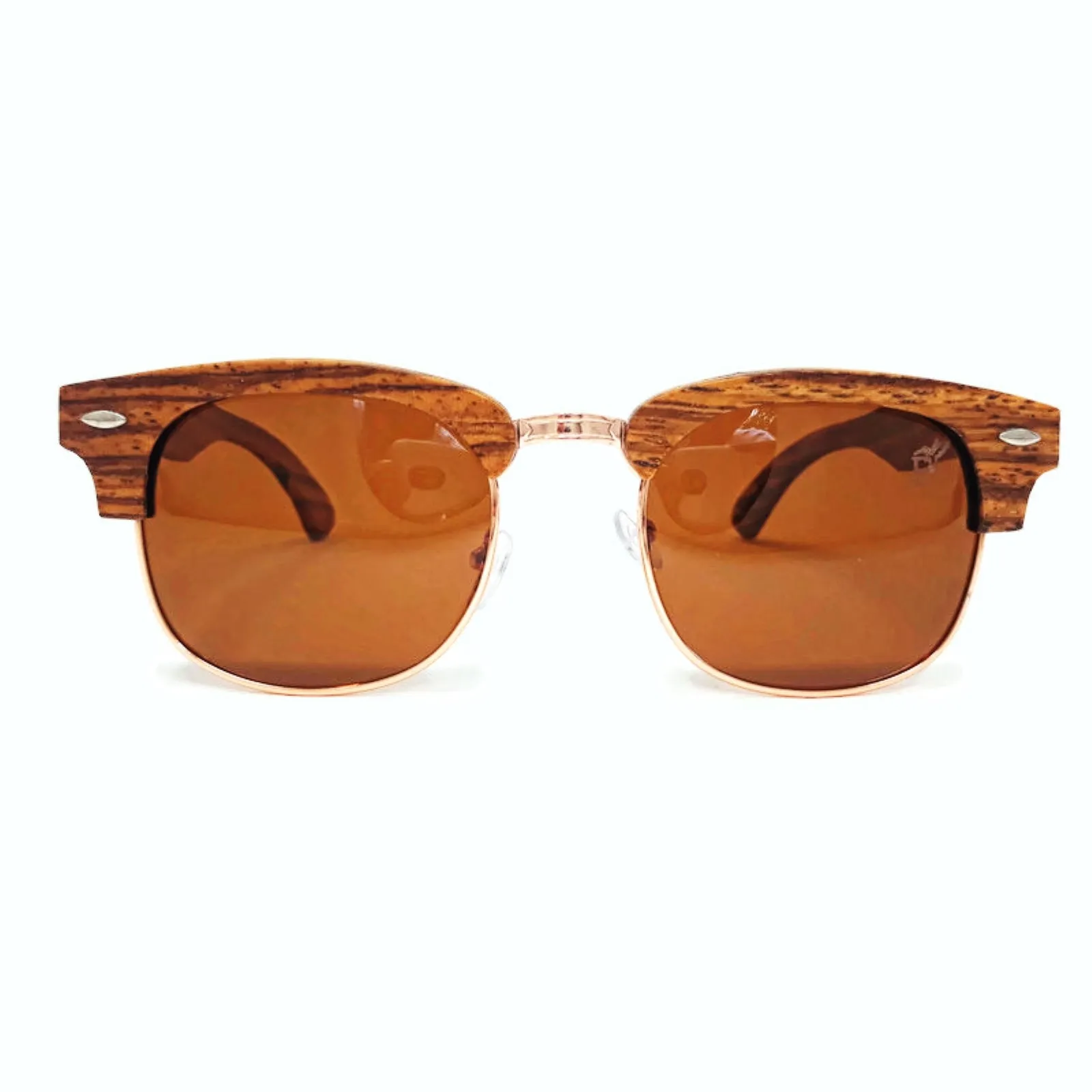 Full Wood, Half Rim Wooden Sunglasses With Bamboo Case, Tea Colored Lenses