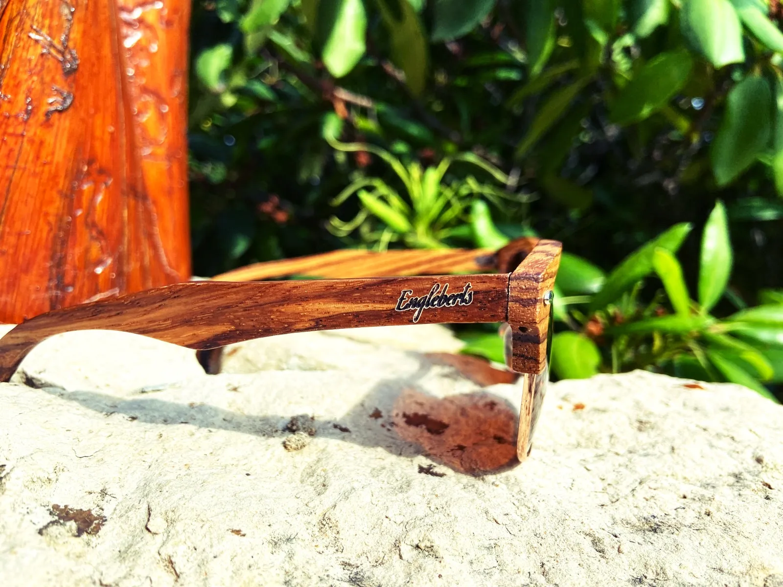 Full Wood, Half Rim Wooden Sunglasses With Bamboo Case, Tea Colored Lenses
