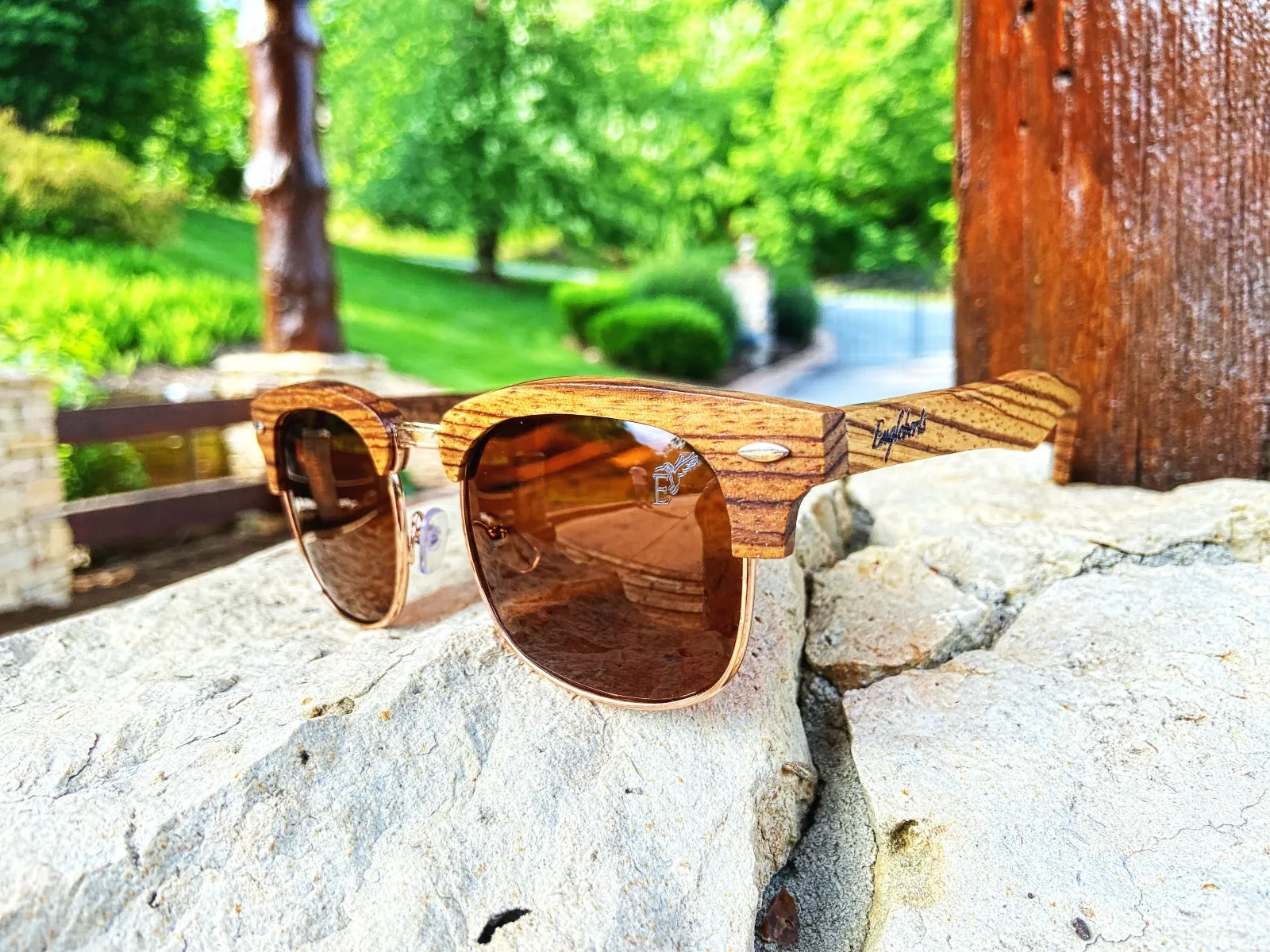 Full Wood, Half Rim Wooden Sunglasses With Bamboo Case, Tea Colored Lenses
