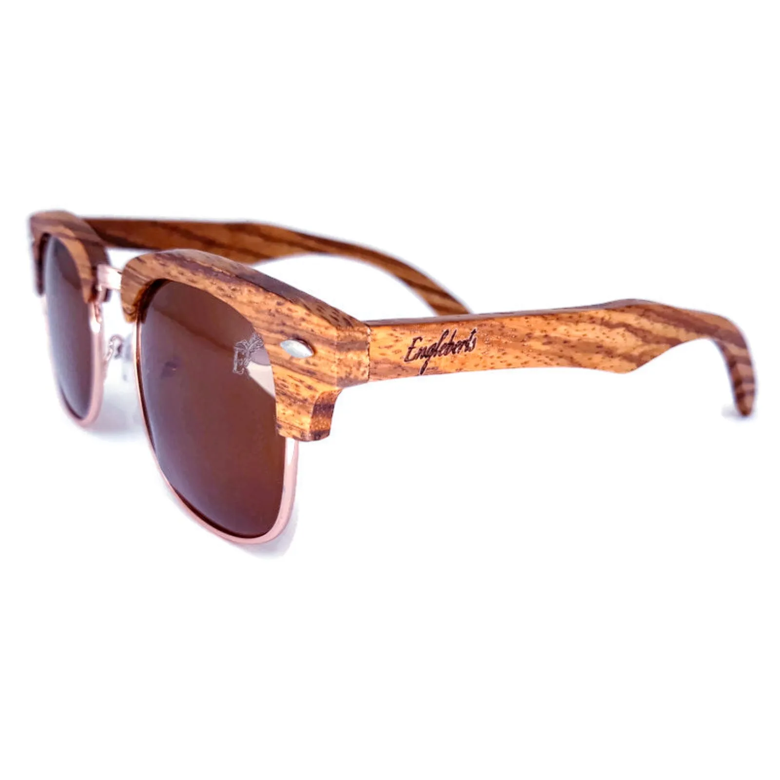 Full Wood, Half Rim Wooden Sunglasses With Bamboo Case, Tea Colored Lenses