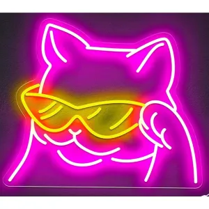 Fun Vivid Bright Pink Cool Cat Sunglasses LED Night Light Room Wall Decoration