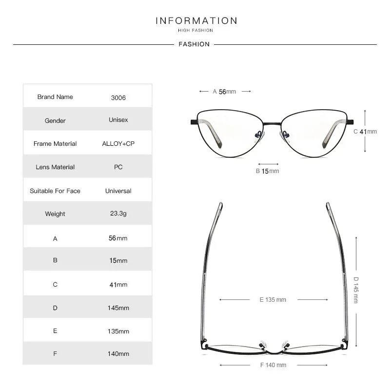Gmei Women's Full Rim Alloy Cat Eye Frame Eyeglasses 3006