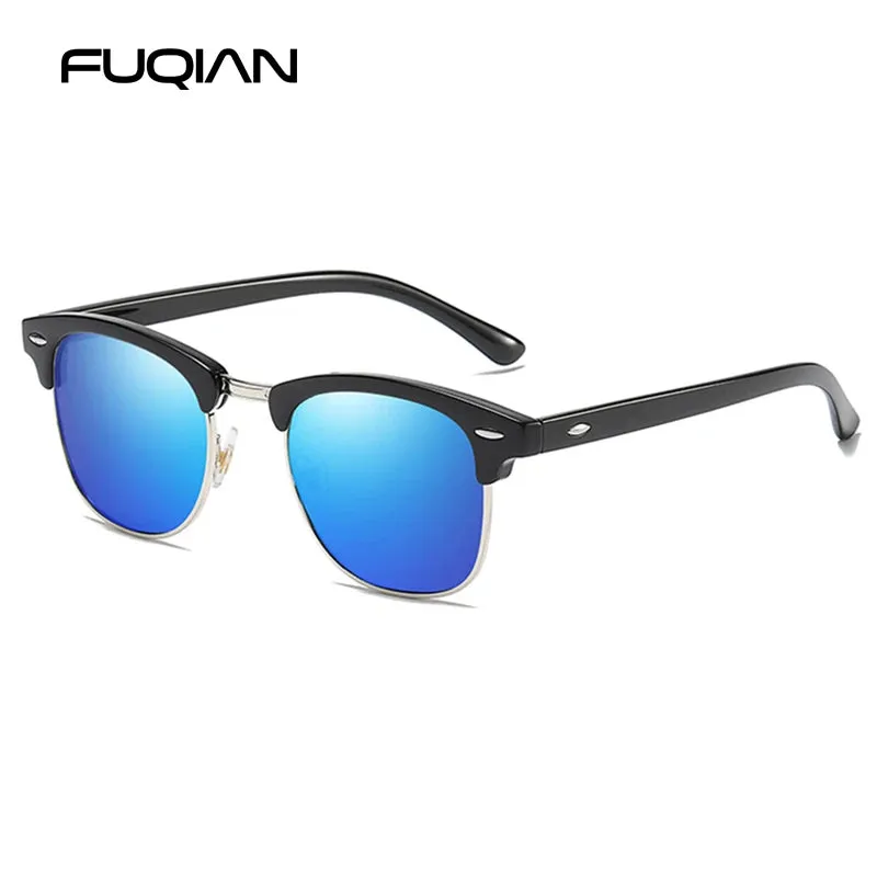 Half Frame Polarized Sunglasses Retro Rivet Design Black Anti-Glare Shades for Men & Women