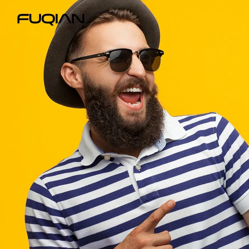 Half Frame Polarized Sunglasses Retro Rivet Design Black Anti-Glare Shades for Men & Women