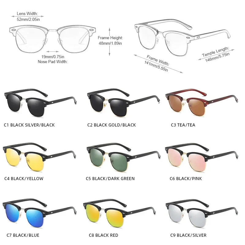 Half Frame Polarized Sunglasses Retro Rivet Design Black Anti-Glare Shades for Men & Women