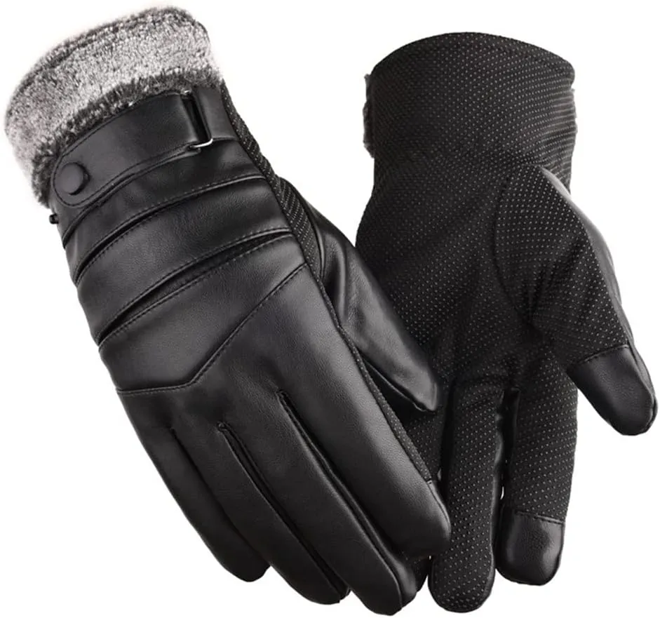 HBJWOV Winter Riding Gloves Motorcycle Plus Velvet Thick Touch Screen Warm Large Cotton Ski Men's Leather Gloves