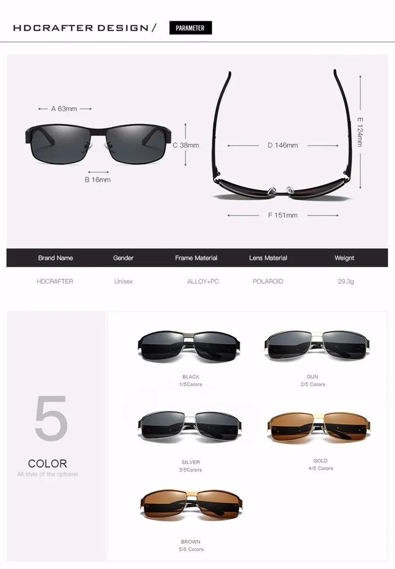 Hdcrafter Men's Full Rim Rectangle Alloy Frame Polarized Sunglasses Le007