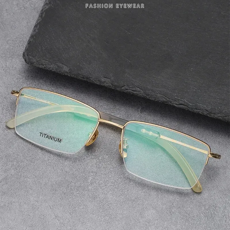 Hdcrafter Men's Semi Rim Square Titanium Horn Temple Eyeglasses H2302