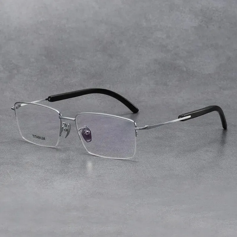 Hdcrafter Men's Semi Rim Square Titanium Horn Temple Eyeglasses H2302