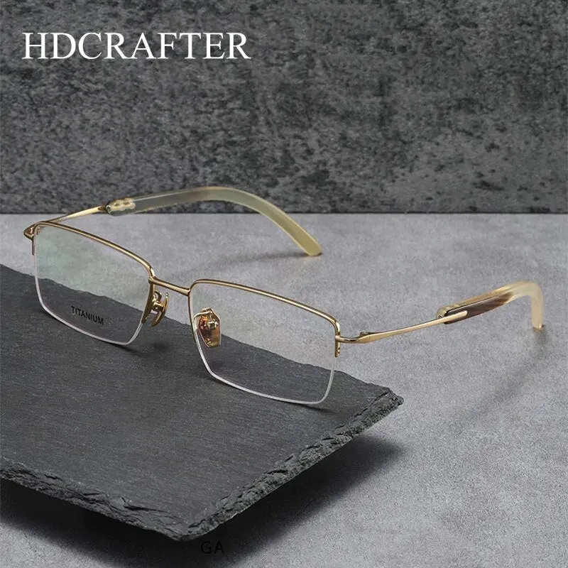 Hdcrafter Men's Semi Rim Square Titanium Horn Temple Eyeglasses H2302